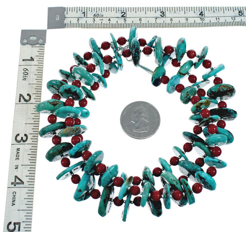 Navajo Sterling Silver Turquoise And Coral Bead Necklace X11181